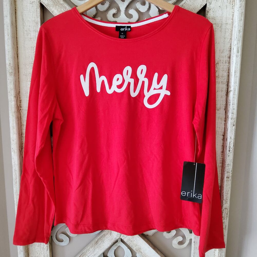 Erika Women's Petite Large Long Sleeve Graphic Merry T-Shirt Top Merry Red White